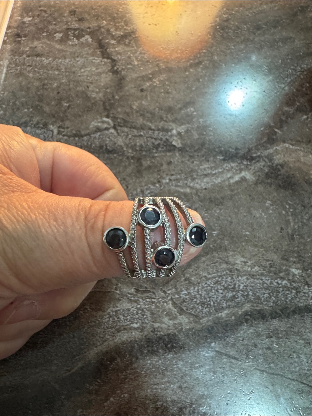 Sterling Silver Multi-Band Ring with Dark Blue Gemstones